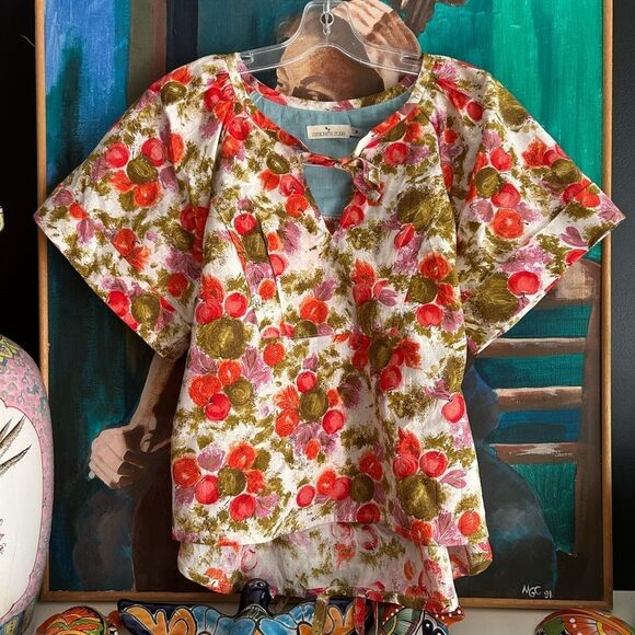 Simone’s Rose Colorful Apple Blouse Tie Curvy Preppy Cute Organic Cotton M - Picture 1 of 16